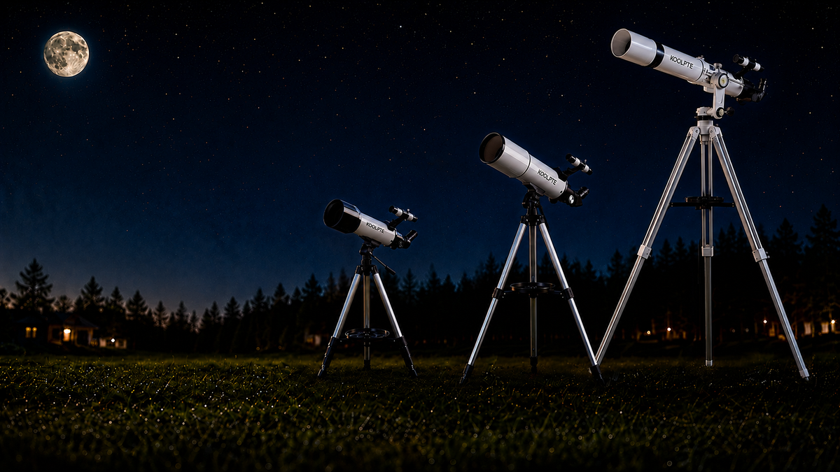 Three telescopes of different sizes set up beneath a night sky