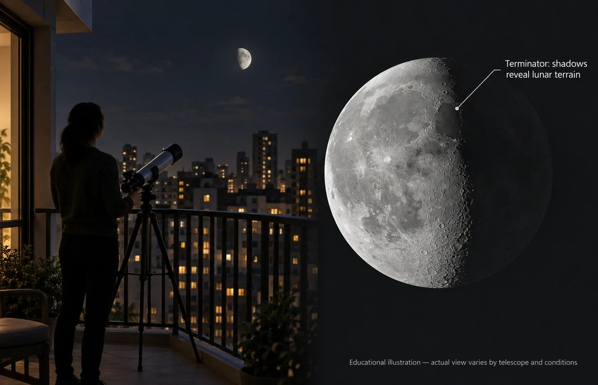 Beginner using a balcony telescope with an illustration of the Moon terminator