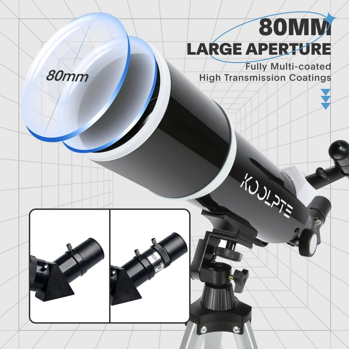 Koolpte Vega Plus telescope 80mm aperture and 600mm focal length optical tube details