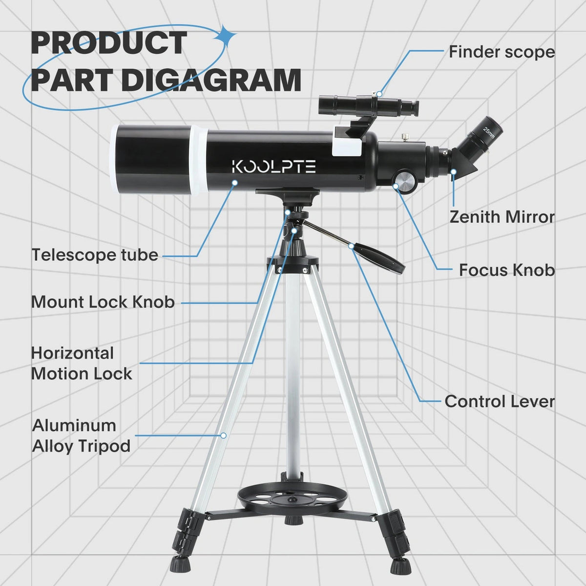 Koolpte Vega Plus telescope adjustable tripod and smooth positioning controls