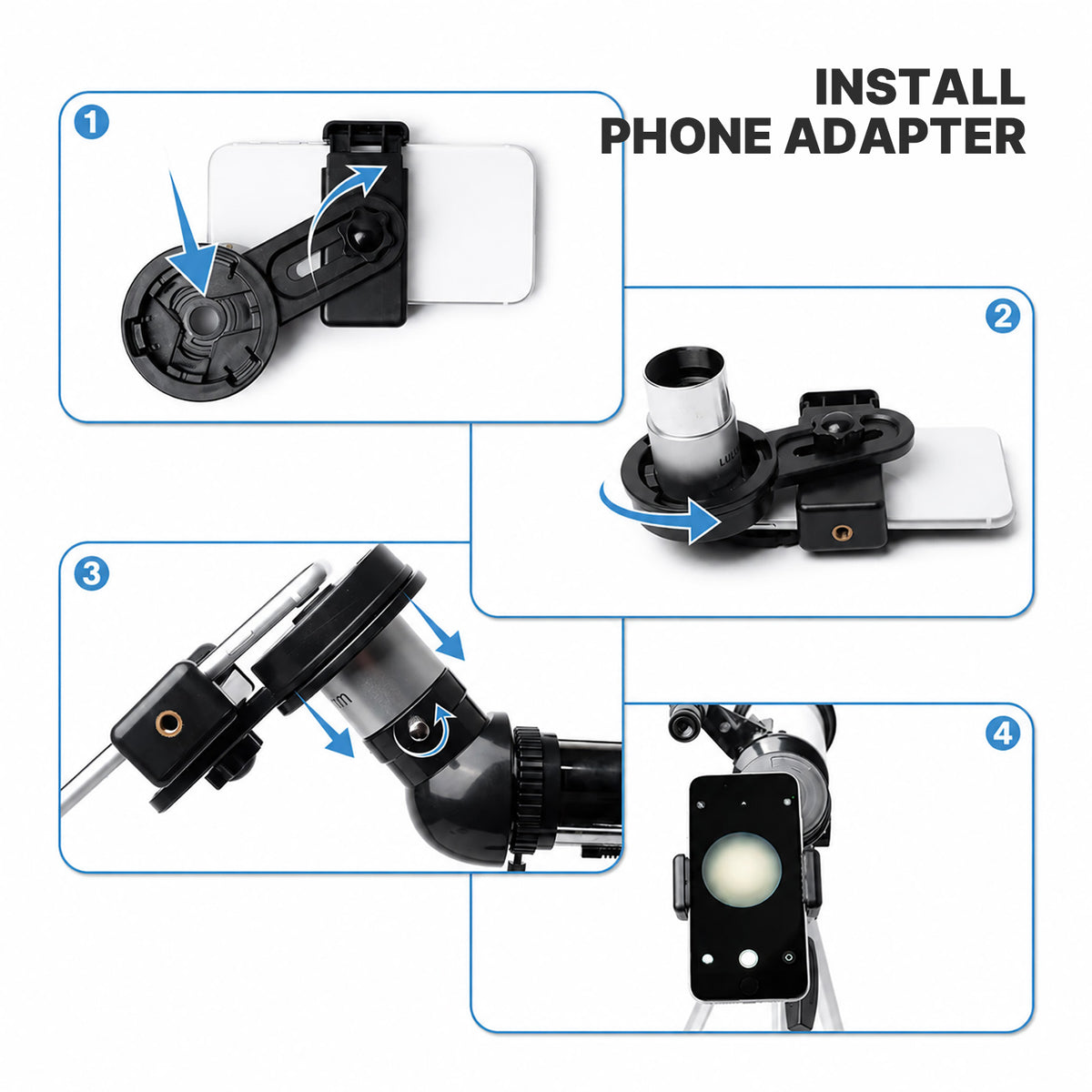 Smartphone adapter and remote included with the black Koolpte Vega Plus 80mm/600mm refractor telescope