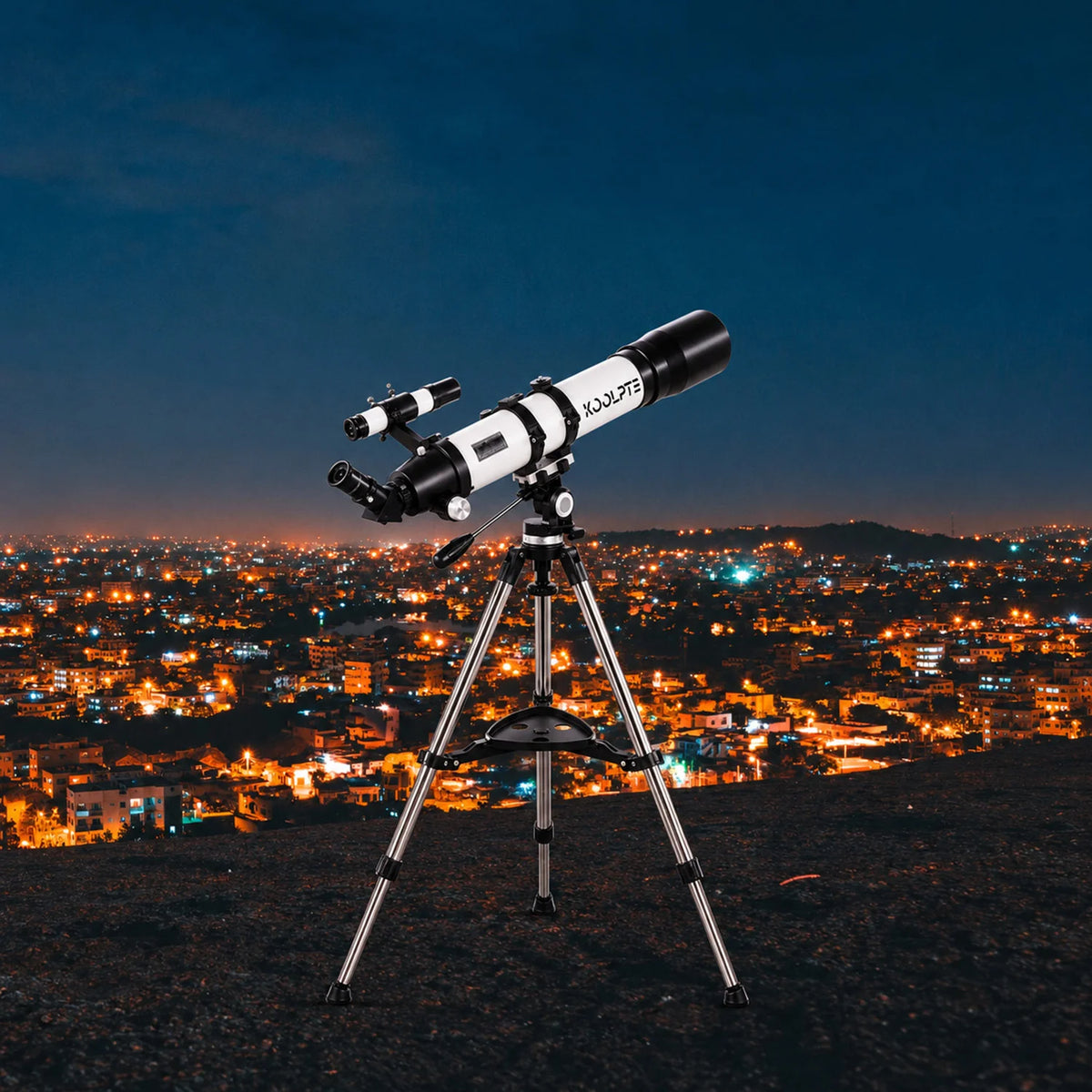 Koolpte Vega Precision 90mm aperture 800mm focal length white telescope in an outdoor stargazing setting