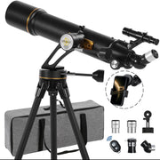 Black KOOLPTE Vega Precision 90mm/700mm refractor telescope with tripod and altazimuth mount.