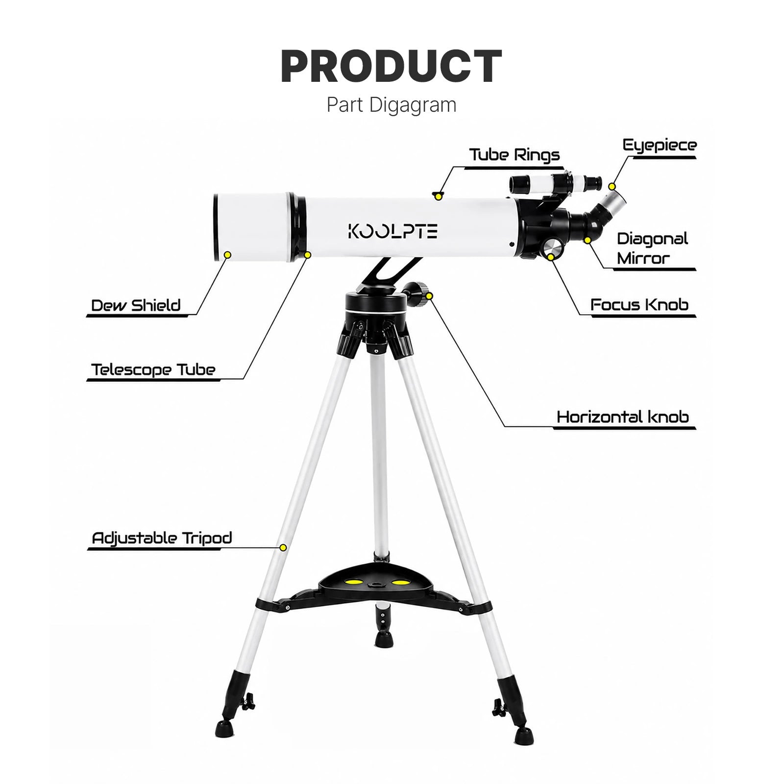 White KOOLPTE Vega Precision 90mm/700mm refractor telescope optical tube and focusing assembly.