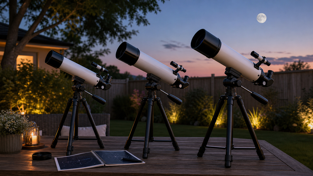 Three refractor telescopes on tripod mounts outdoors at dusk