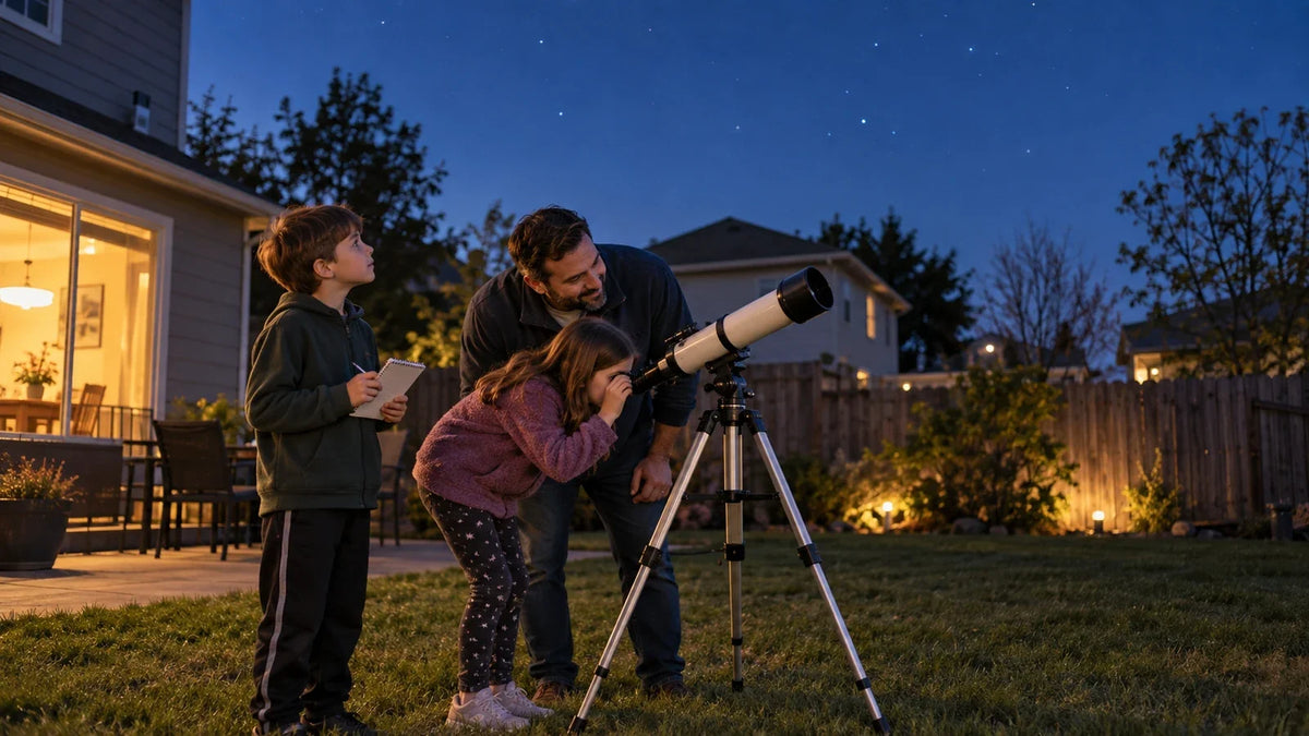 Family sharing a small telescope during a short backyard stargazing session