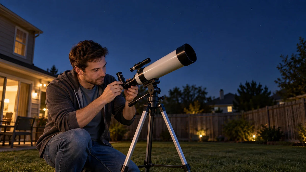 Beginner checking a telescope eyepiece during first-night setup
