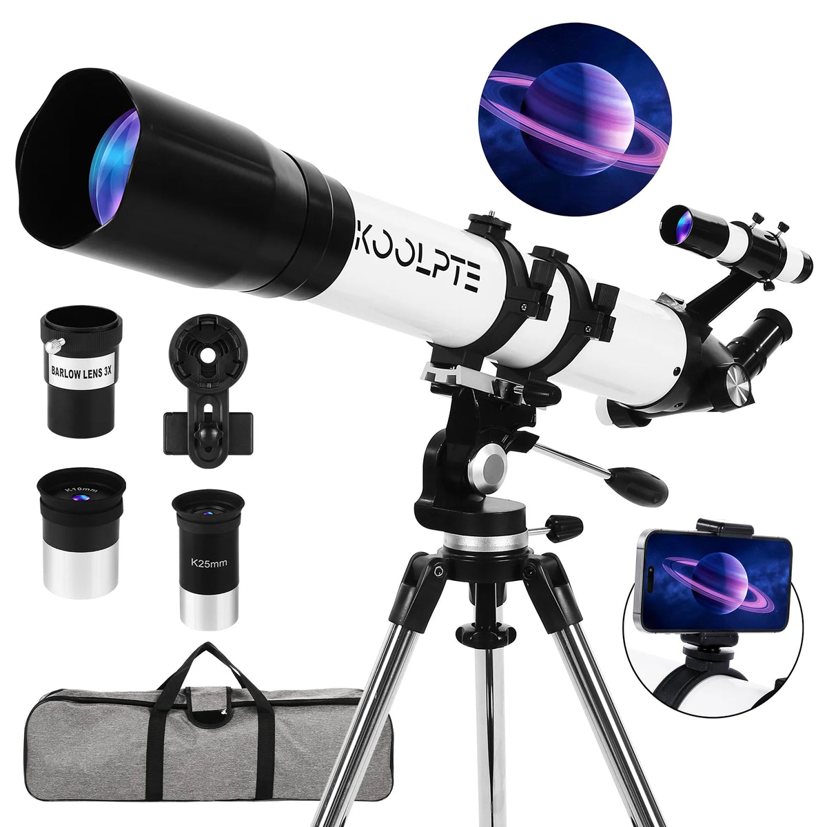 Koolpte Vega Precision 90mm 800mm refractor telescope white model with tripod and accessories 