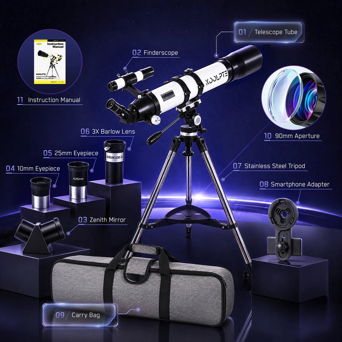 Koolpte Vega Precision 90mm 800mm telescope with adjustable tripod for stargazing #color_white