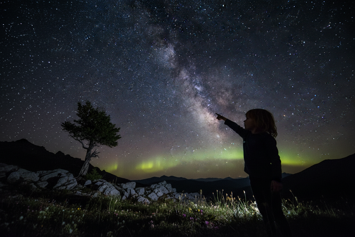 星空，夜晚，一个孩童指向天空，高清 ，4k