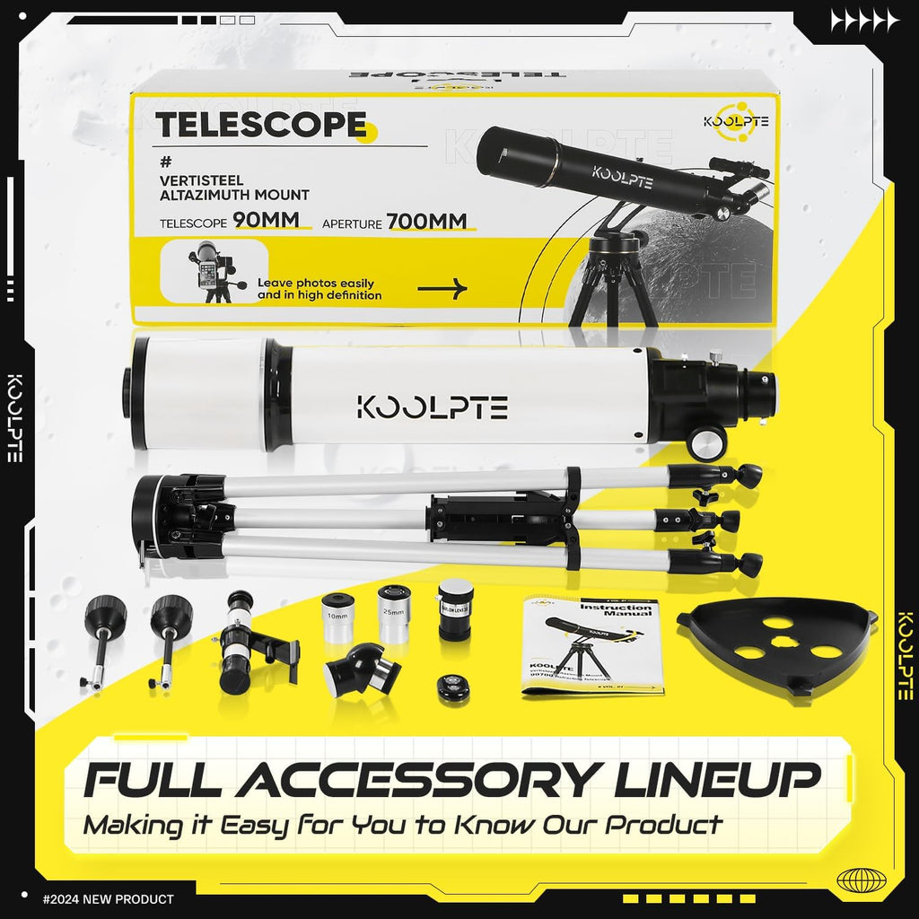 Telescope, 90mm Aperture 700mm with Vertisteel AZ Mounting Slow-Motion Mount, High Power for Astronomy Enthusiasts, Easy for Kids, with Carry Bag, Wireless Remote Control, Phone Adapter,White