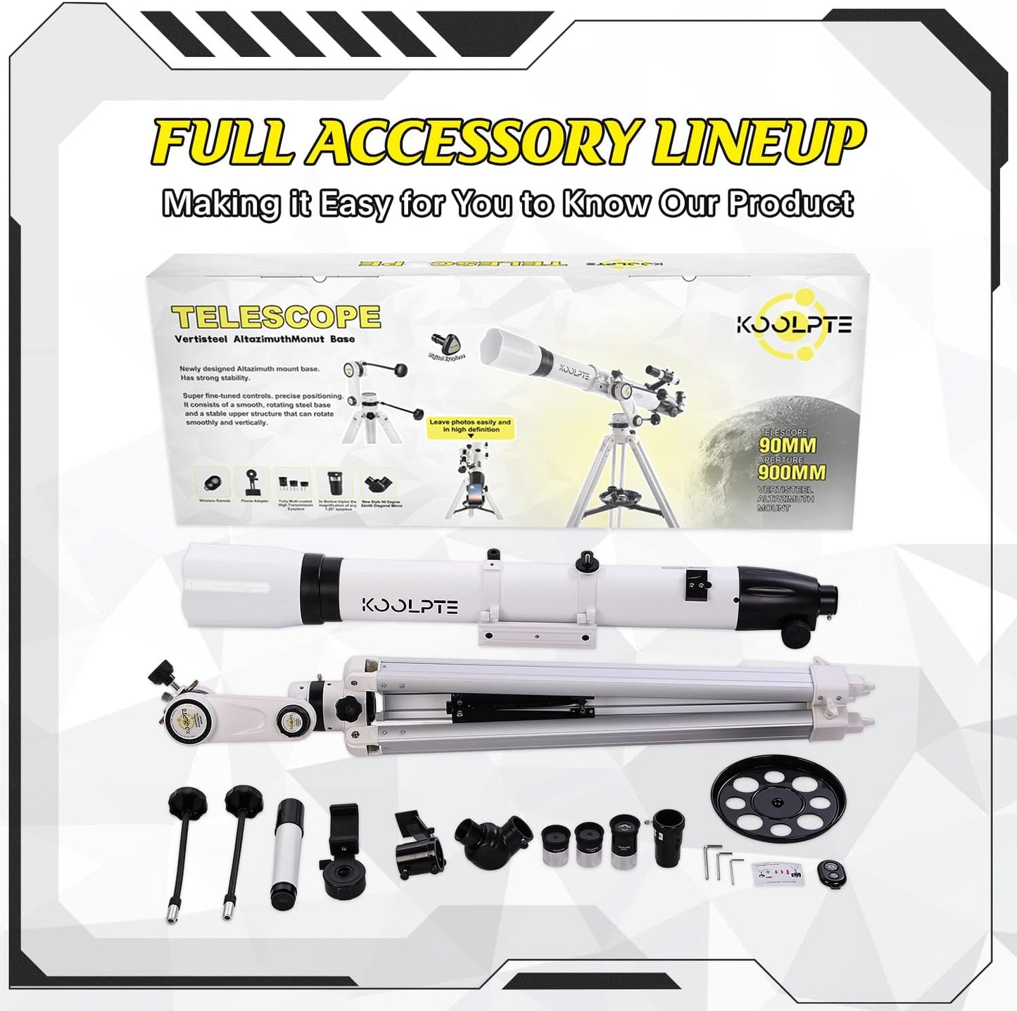 Telescope 90mm Aperture 900mm - Vertisteel AZ Mount Base, High Precision Adjustment, Magnification 45-450x, Wireless Remote, Phone Adapter - Ideal for Astronomy Enthusiasts and Beginners (White)