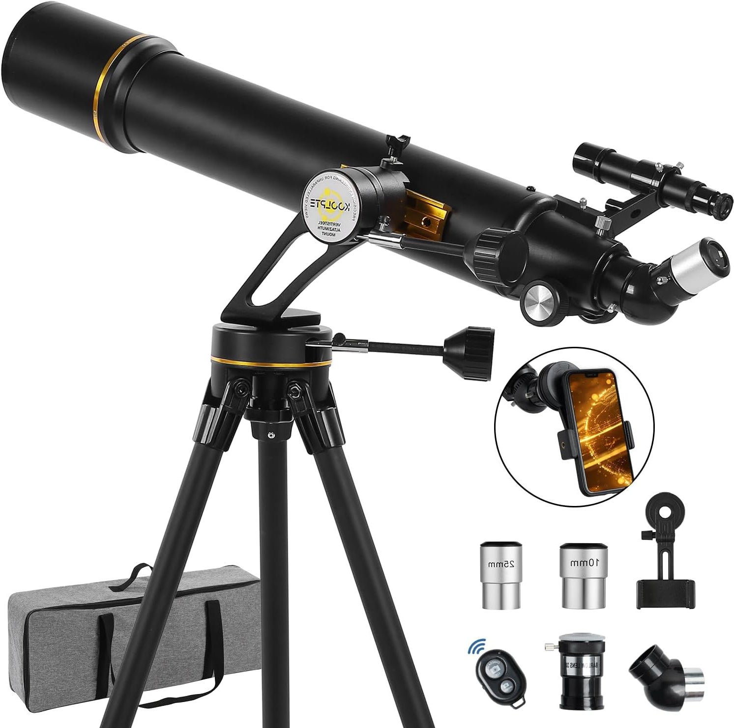 Telescope,90mm Aperture 700mm with Vertisteel AZ Mounting Slow-Motion Mount, High Power Telescopes for Adults Astronomy, Easy for Beginners,with Carry Bag, Wireless Remote Control, Phone Adapter,Black