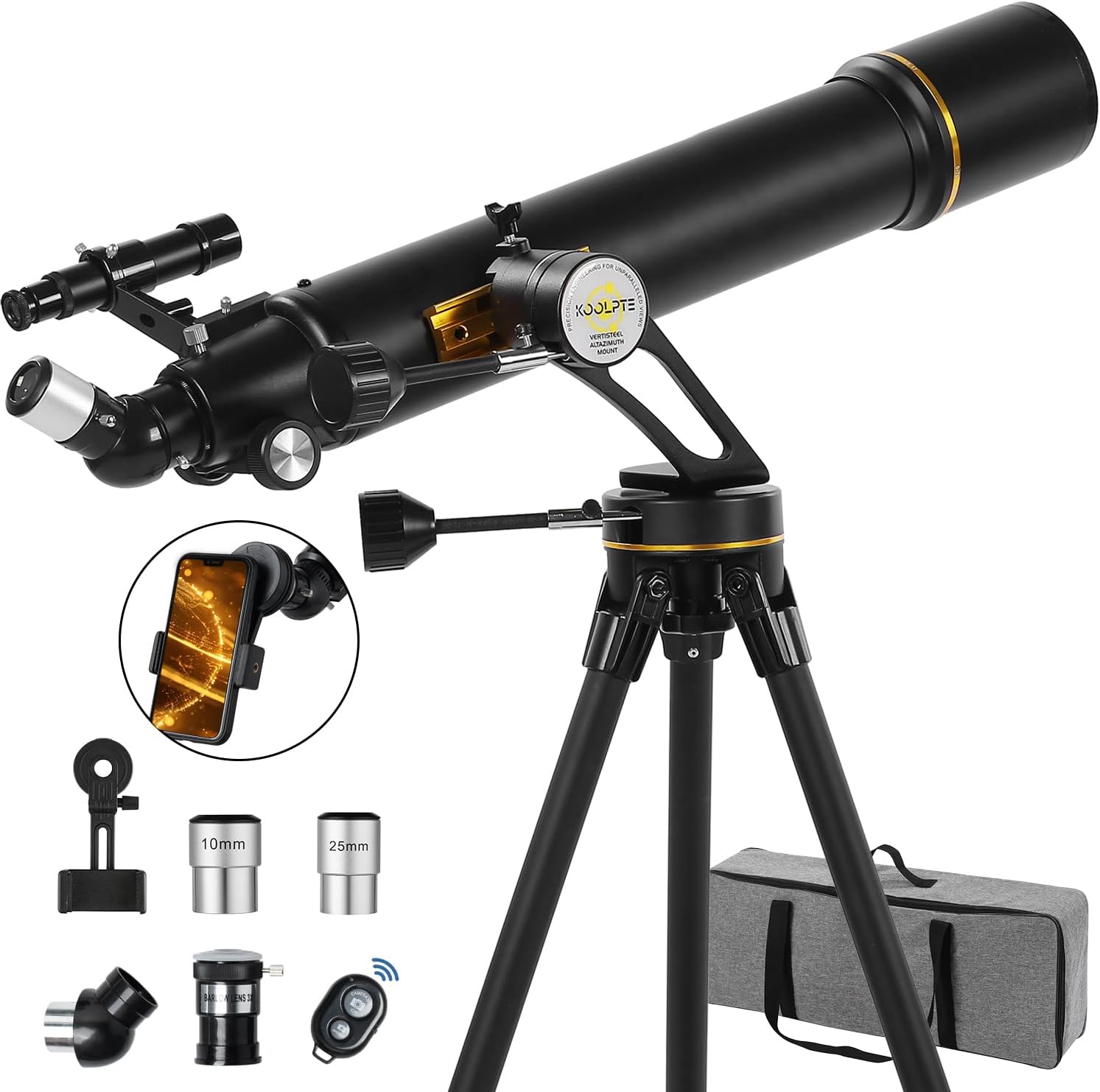 Telescope, 90mm Aperture 700mm with Vertisteel AZ Mounting Slow-Motion Mount, High Power for Astronomy Enthusiasts, Easy for Kids, with Carry Bag, Wireless Remote Control, Phone Adapter,Black