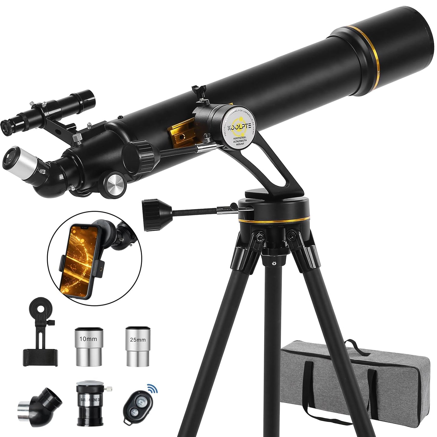 Telescope 90mm Aperture 900mm - Vertisteel AZ Mount Base, High Precision Adjustment, Magnification 45-450x, Wireless Remote, Phone Adapter - Ideal for Astronomy Enthusiasts and Beginners (White)