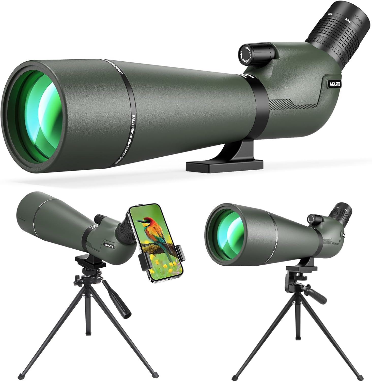 Spotting Scope 25-75x85 with Phone Adapter, Tripod & Carrying Bag -Fully Multi-Coated Optics,BAK4 High Definition Waterproof Spotter Scope for Birding,Wildlife Viewing,Outdoor Observation,Green
