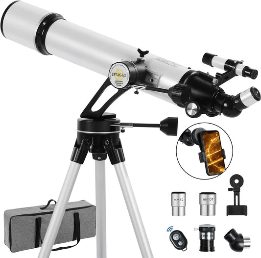 Telescope,90mm Aperture 700mm with Vertisteel AZ Mounting Slow-Motion Mount, High Power Telescopes for Adults Astronomy, Easy for Beginners, with Carry Bag,Wireless Remote Control, Phone Adapter,White