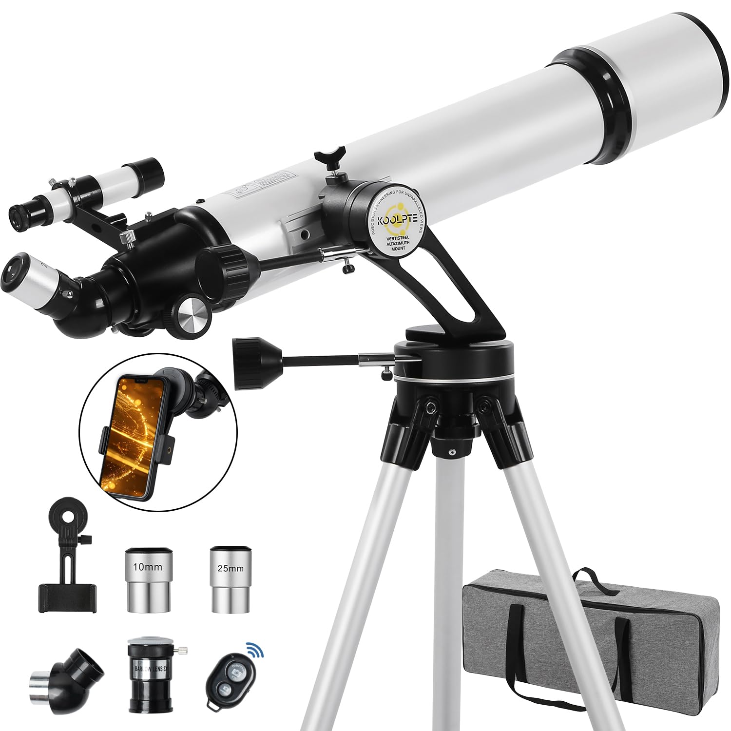 Telescope 90mm Aperture 900mm - Vertisteel AZ Mount Base, High Precision Adjustment, Magnification 45-450x, Wireless Remote, Phone Adapter - Ideal for Astronomy Enthusiasts and Beginners (White)