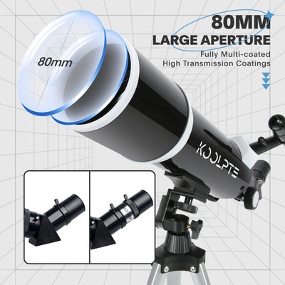 Koolpte Vega Plus telescope 80mm aperture and 600mm focal length optical tube details 