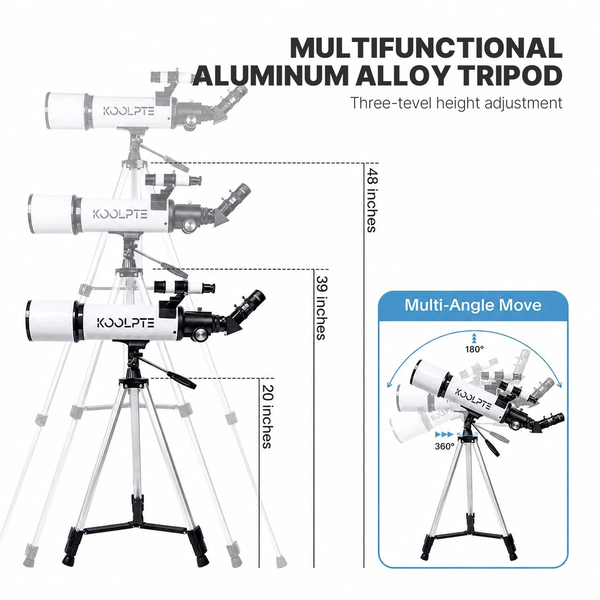 Koolpte Vega Plus telescope adjustable tripod and smooth positioning controls 