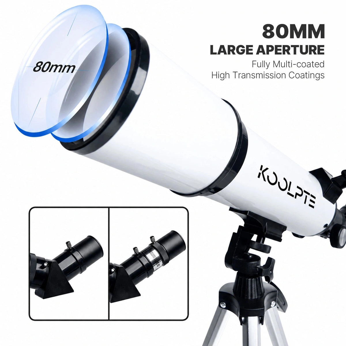 Koolpte Vega Plus telescope 80mm aperture and 600mm focal length optical tube details #color_white