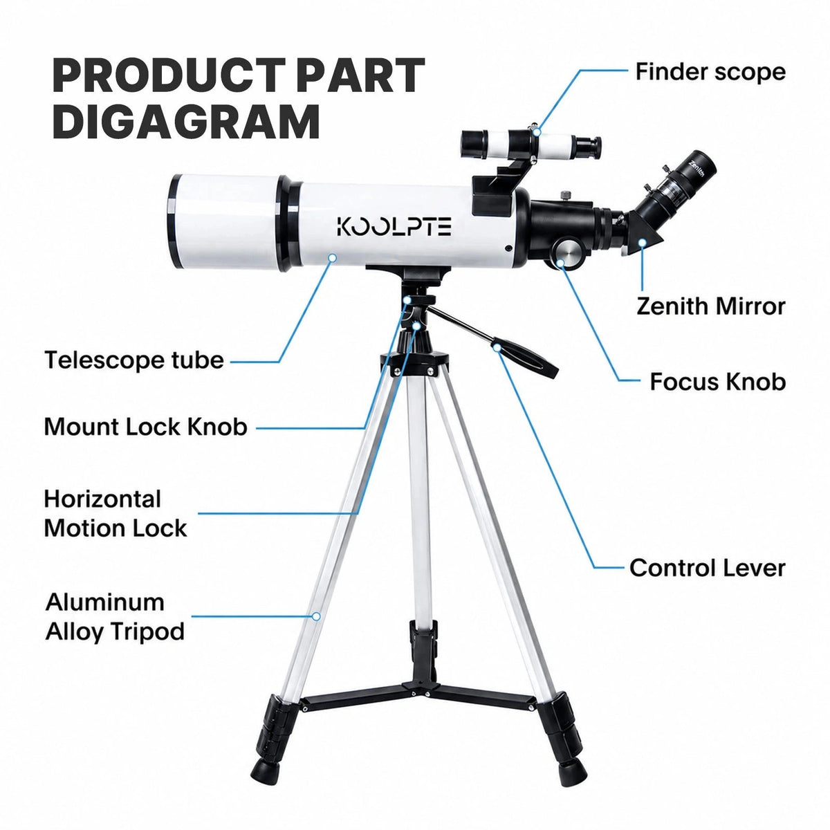 Koolpte Vega Plus 80mm 600mm refractor telescope product structure and specifications 