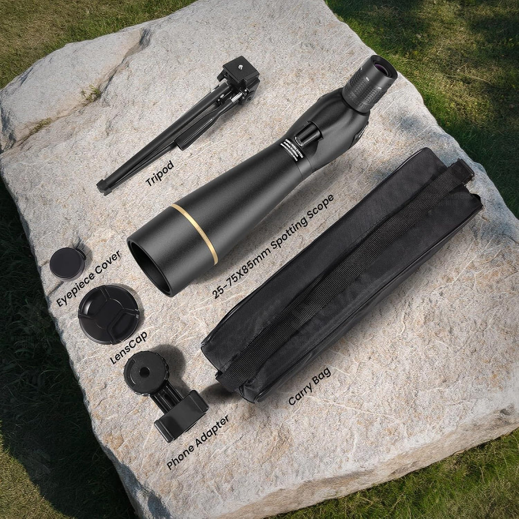 Spotting Scope 25-75x85 with Phone Adapter, Tripod & Carrying Bag -Fully Multi-Coated Optics,BAK4 High Definition Waterproof Spotter Scope for Birding, Wildlife Viewing, Outdoor Observation,Black