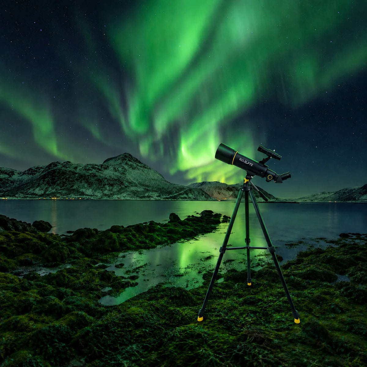 Koolpte Vega Air 70mm aperture 400mm focal length black portable telescope in an outdoor beginner stargazing scene 