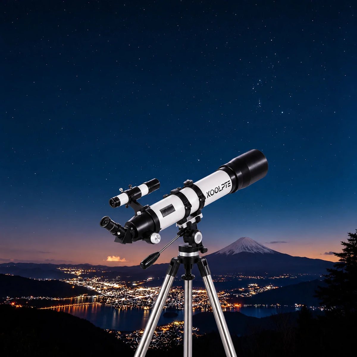 Koolpte Vega Precision 90mm 800mm white refractor telescope displayed outdoors on a tripod 