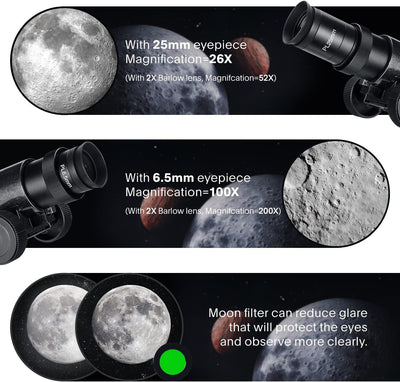 Detailed product view of the KOOLPTE Antares 130mm/650mm EQ reflector telescope.