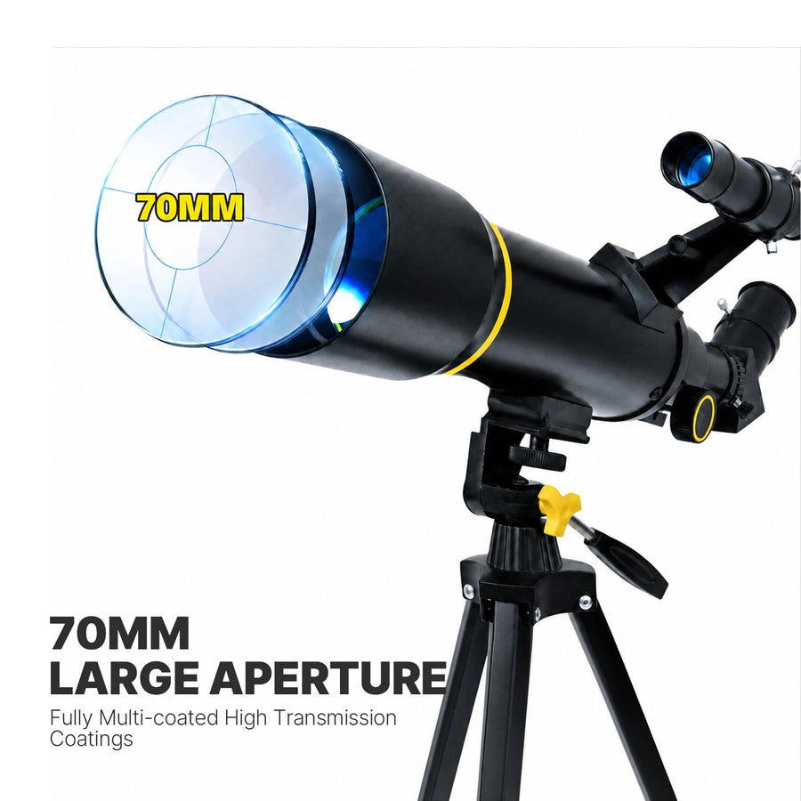 Close-up of the black KOOLPTE Vega Air 70mm/400mm refractor telescope showing its 70mm objective lens.