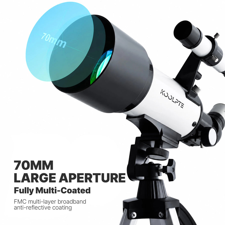 Close-up of the white KOOLPTE Vega Lite 70mm/500mm refractor telescope showing its 70mm objective lens.