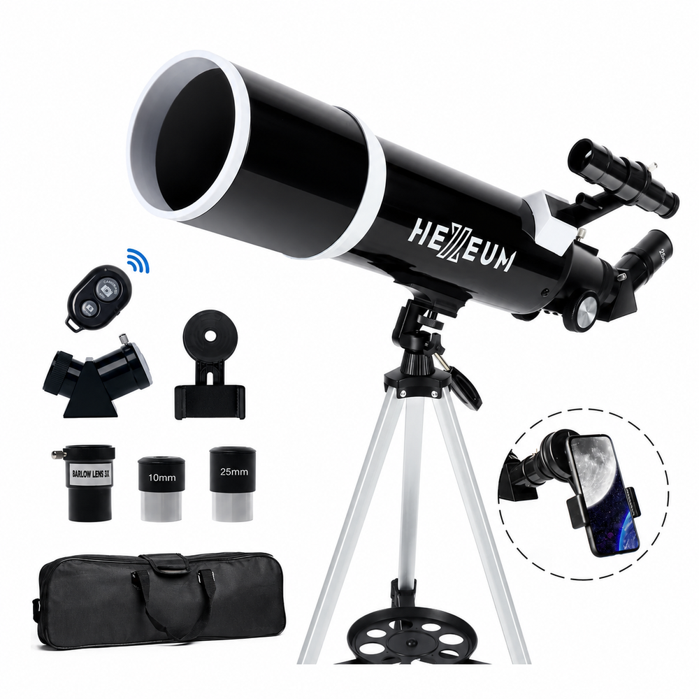 Black KOOLPTE Vega Plus 80mm/600mm refractor telescope with adjustable tripod and mount.