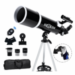 Black KOOLPTE Vega Plus 80mm/600mm refractor telescope with adjustable tripod and mount.