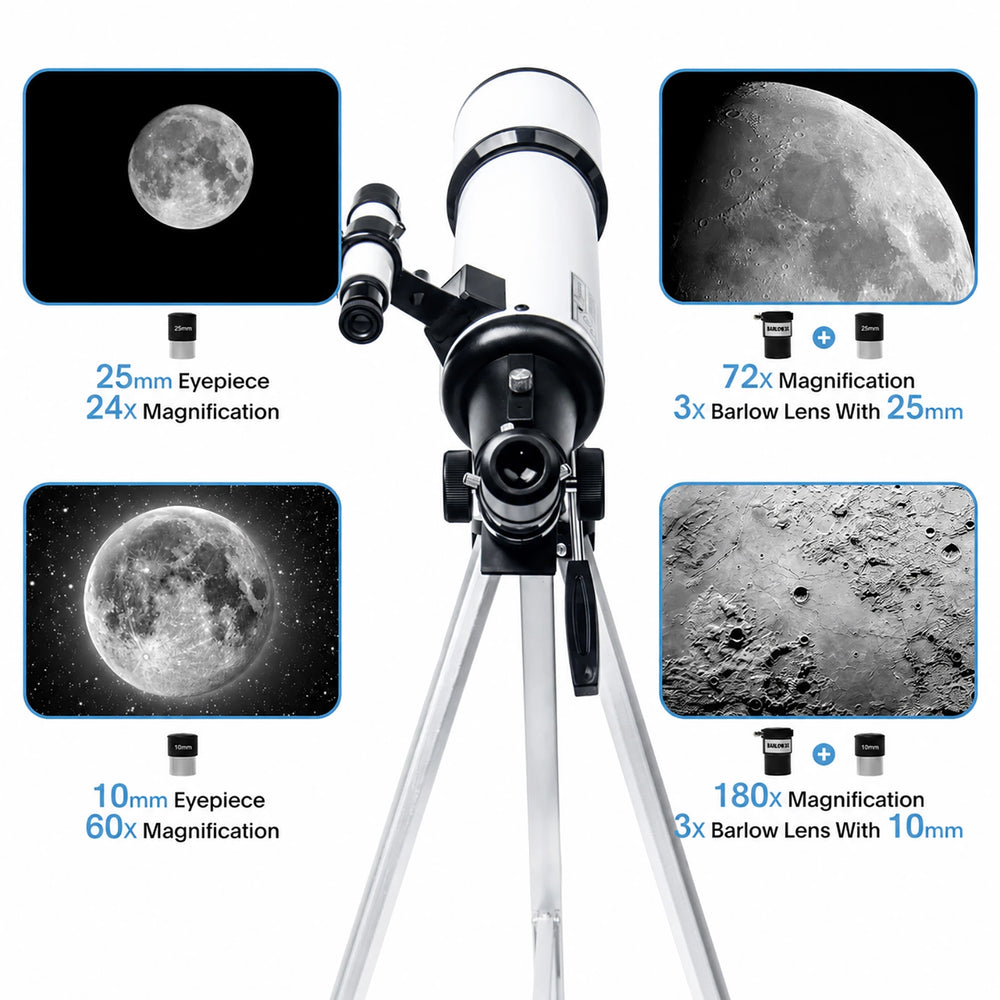 Eyepieces and viewing accessories included with the white KOOLPTE Vega Plus 80mm/600mm refractor telescope.