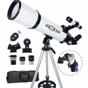 White KOOLPTE Vega Plus 80mm/600mm refractor telescope with adjustable tripod and mount.