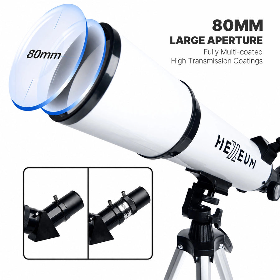 Close-up of the white KOOLPTE Vega Plus 80mm/600mm refractor telescope showing its 80mm objective lens.