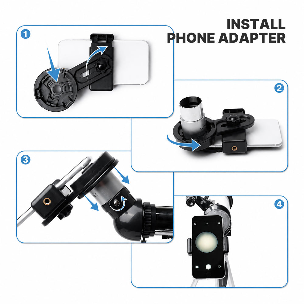 Alternate view of the smartphone adapter and remote for the KOOLPTE Vega Plus 80mm/600mm refractor telescope.