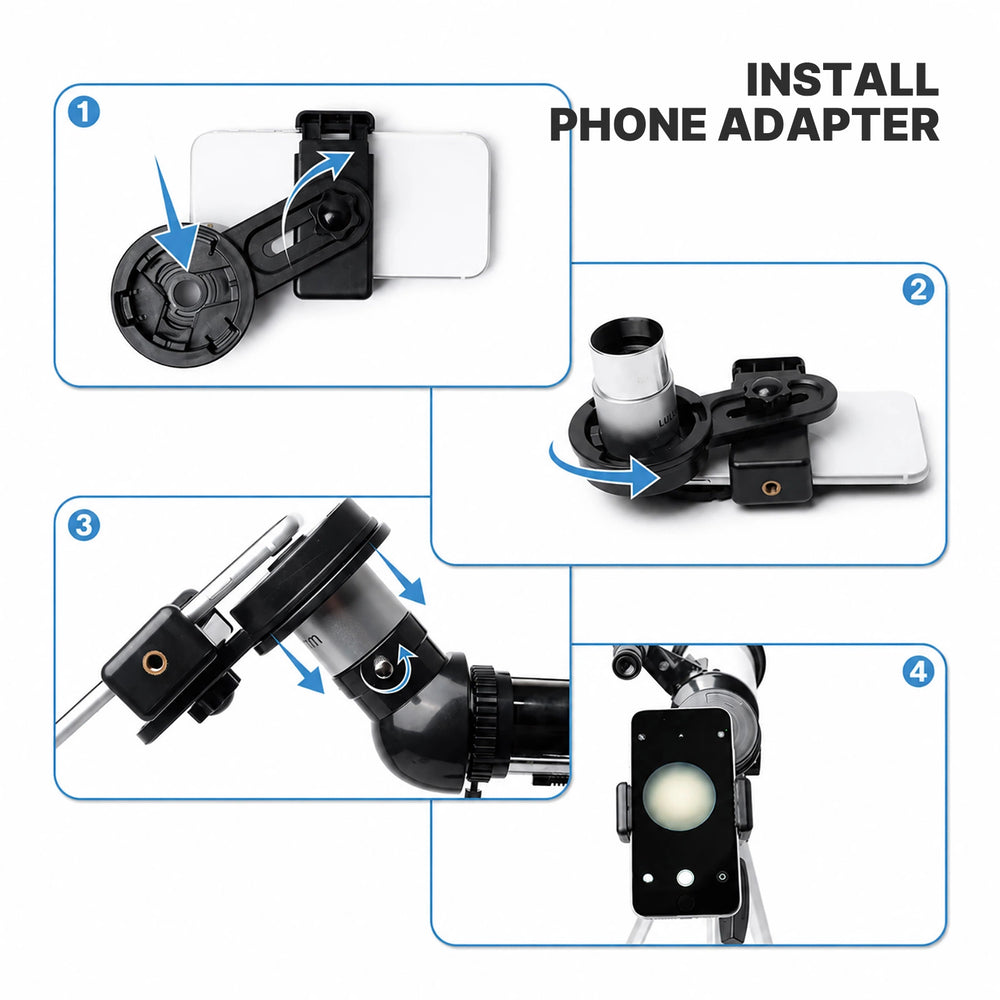 Smartphone adapter and remote included with the white KOOLPTE Vega Plus 80mm/600mm refractor telescope.