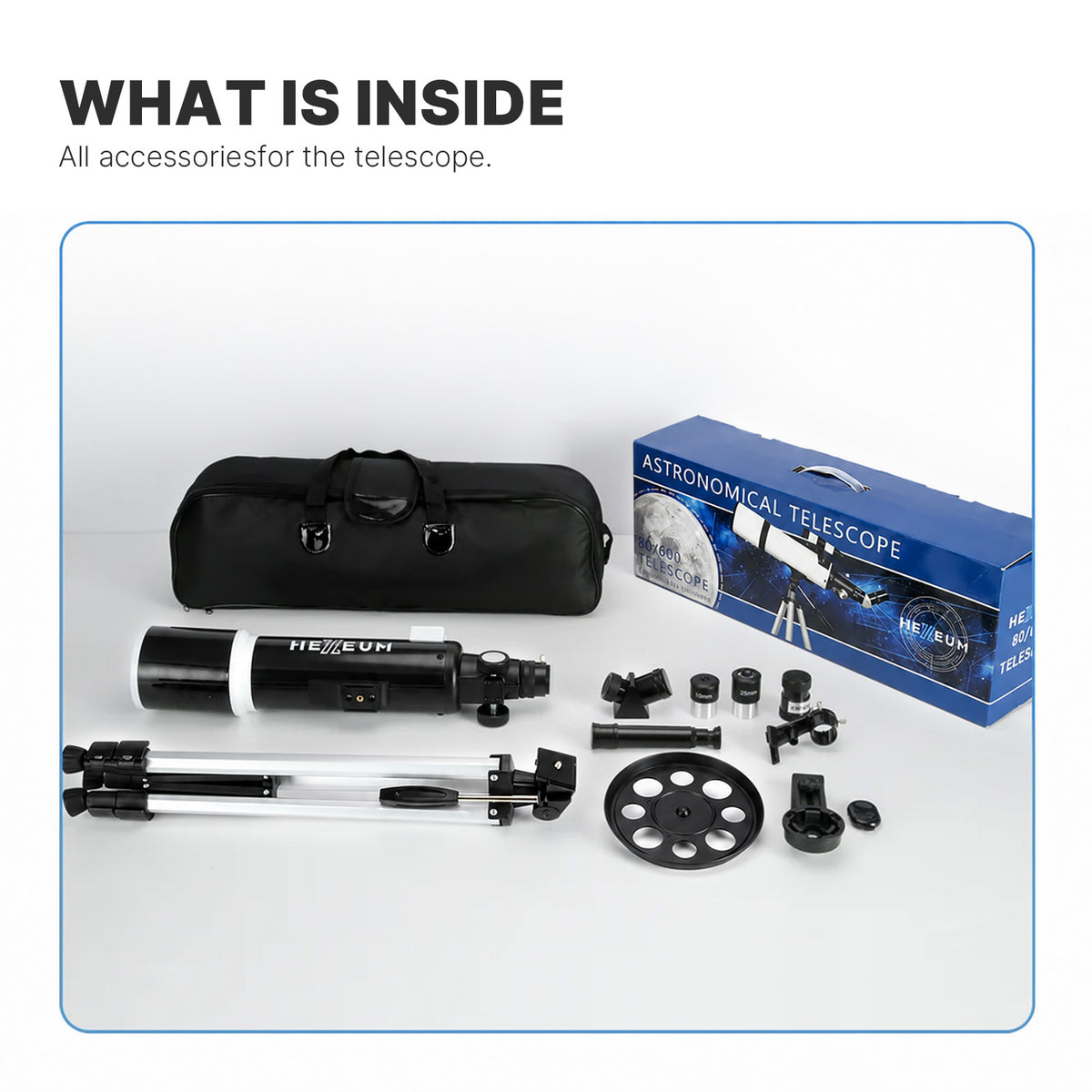 Alternate view of the KOOLPTE Vega Plus 80mm/600mm white telescope kit and accessories.