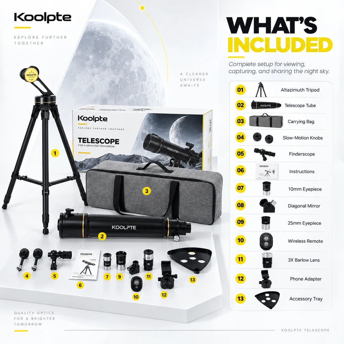 Koolpte Vega Precision 90mm/700mm telescope complete accessory kit