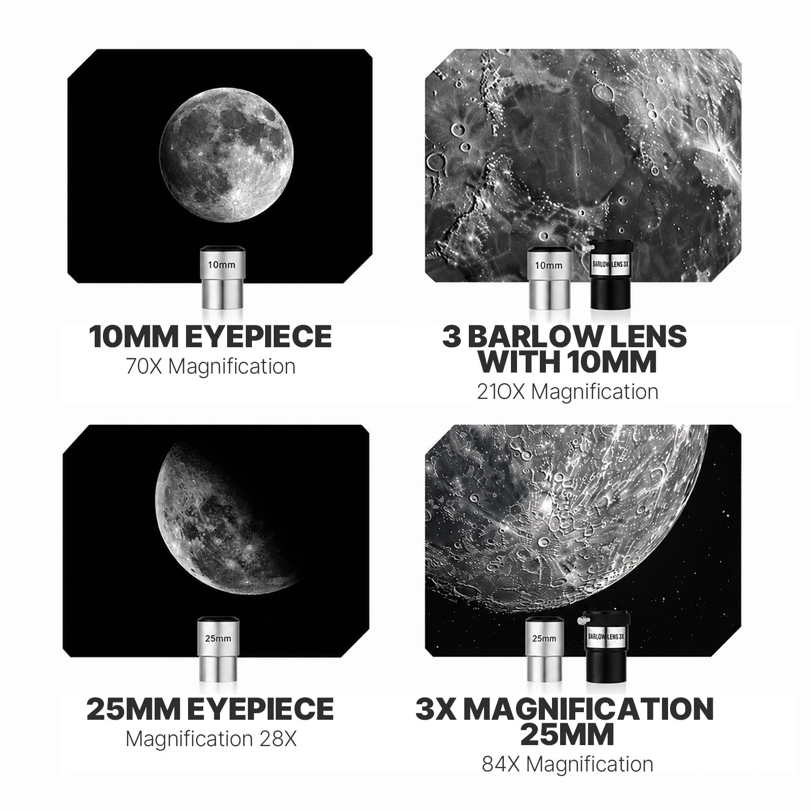 Eyepieces and viewing accessories included with the black KOOLPTE Vega Precision 90mm/700mm refractor telescope. 