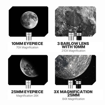 Eyepieces and viewing accessories included with the black KOOLPTE Vega Precision 90mm/700mm refractor telescope. 