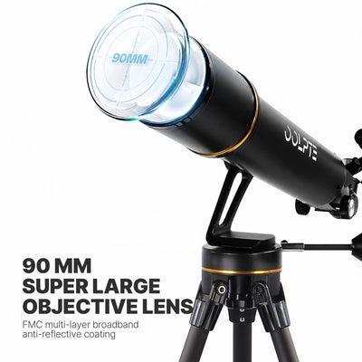 Close-up of the black KOOLPTE Vega Precision 90mm/700mm refractor telescope showing its 90mm objective lens. 