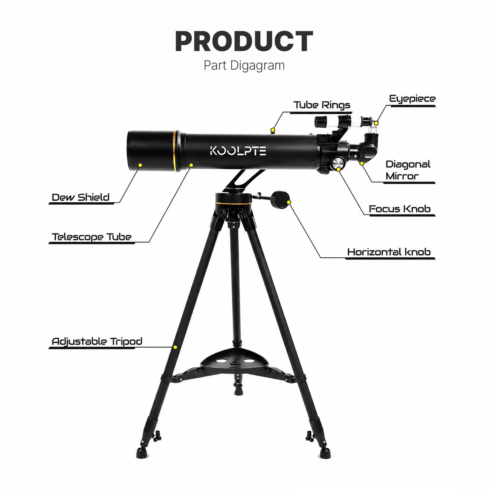 Black KOOLPTE Vega Precision 90mm/700mm refractor telescope optical tube and focusing assembly. 