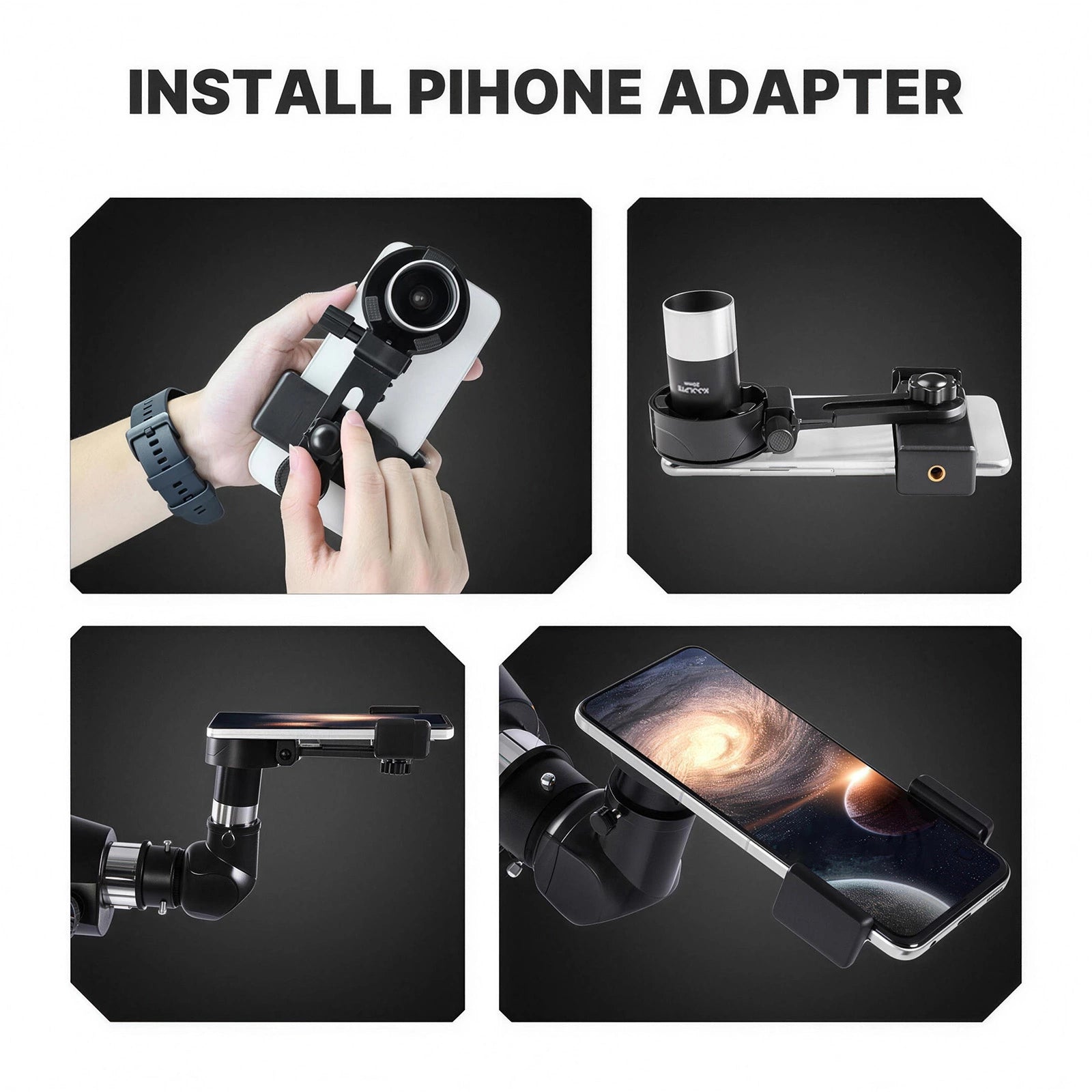Smartphone adapter and remote included with the black KOOLPTE Vega Precision 90mm/700mm refractor telescope. 