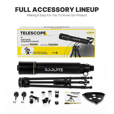 Black KOOLPTE Vega Precision 90mm/700mm refractor telescope with tripod and included accessories. 
