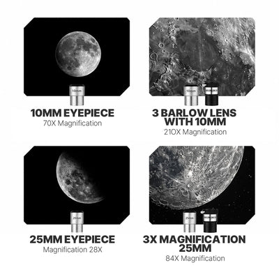 Eyepieces and viewing accessories included with the white KOOLPTE Vega Precision 90mm/700mm refractor telescope. 