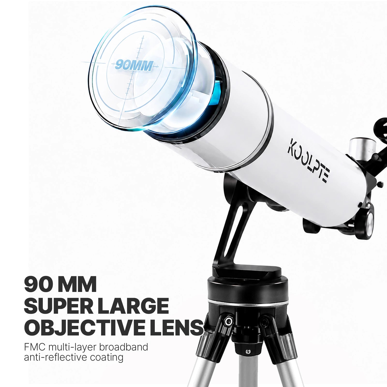 Close-up of the white KOOLPTE Vega Precision 90mm/700mm refractor telescope showing its 90mm objective lens. 
