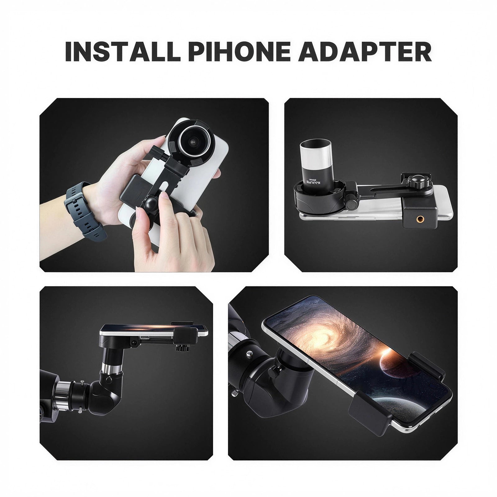 Smartphone adapter and remote included with the white KOOLPTE Vega Precision 90mm/700mm refractor telescope. 